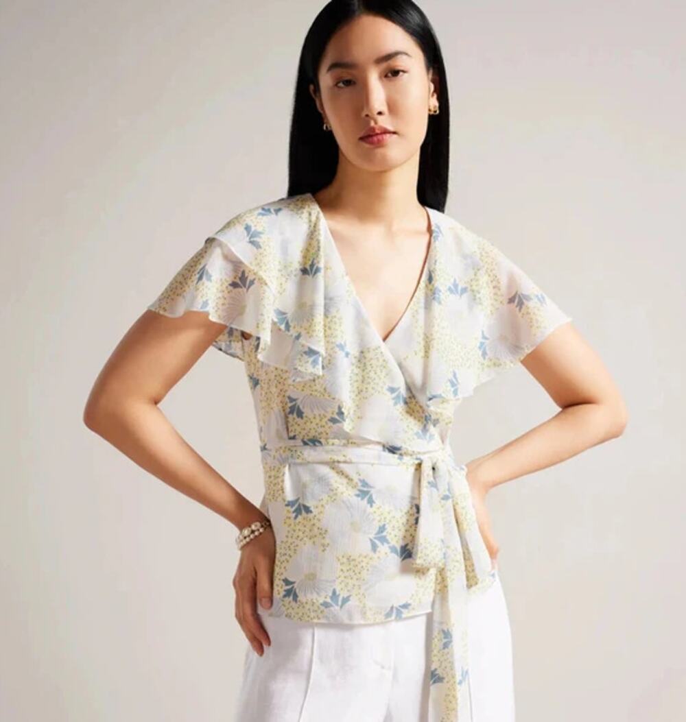 TED BAKER Women's Gemmiaa Wrap Top TED 3 US Large Sky Blue Floral Ruffle NWT